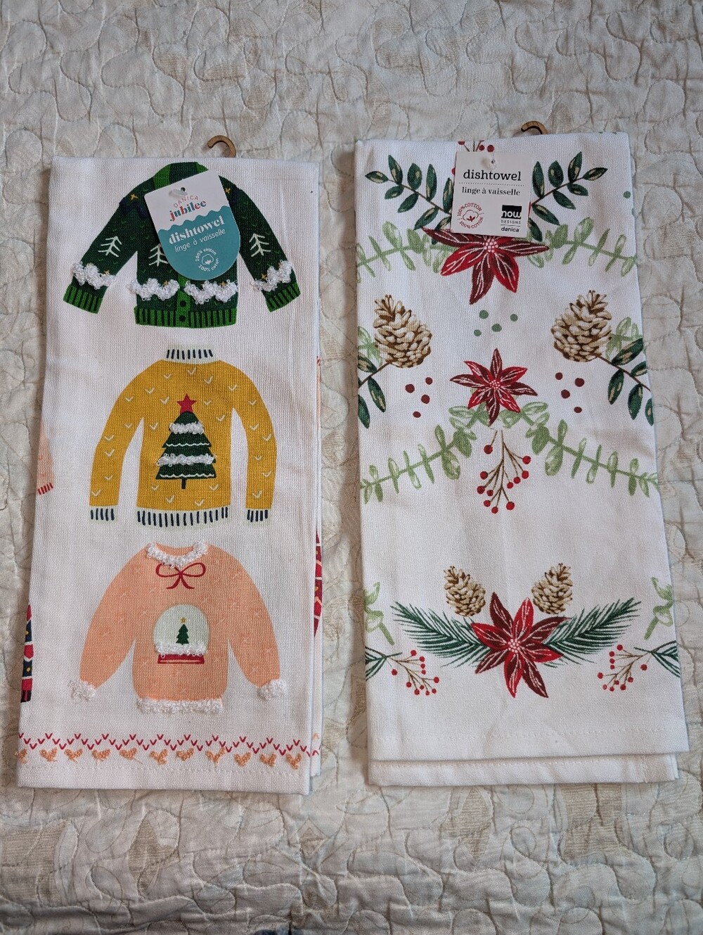 🆕 Festive Christmas Dish Towels Bundle - Ugly Sweater Poinsettia Designs Danica